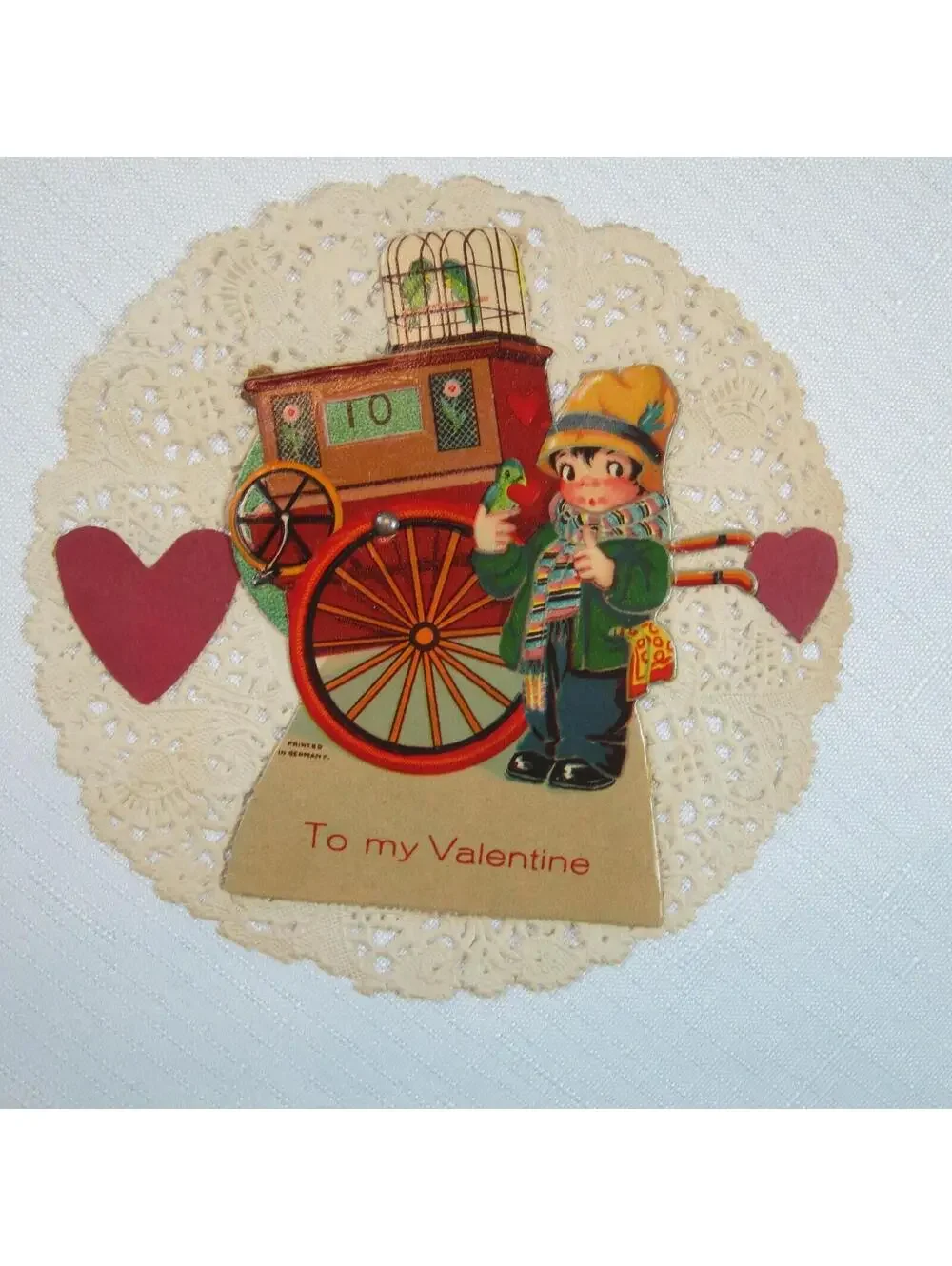 Vintage 1931 Valentine Card Mechanical Boy w/ Birds Wagon Own True Love Germany